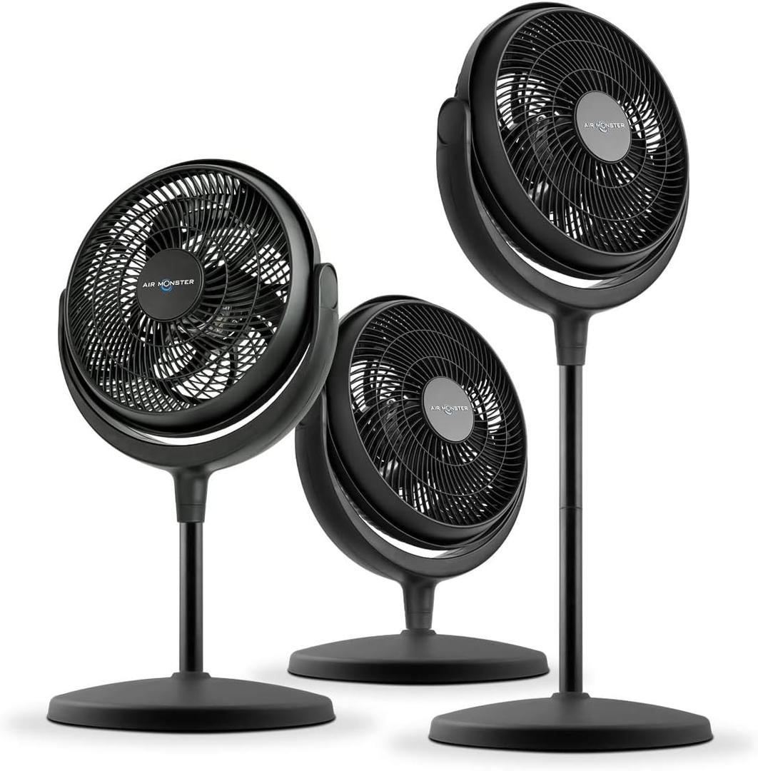 Air Monster 12 Inch Power Stand Fan - 3 Speed Settings, High Velocity, Adjustable Tilt, Black