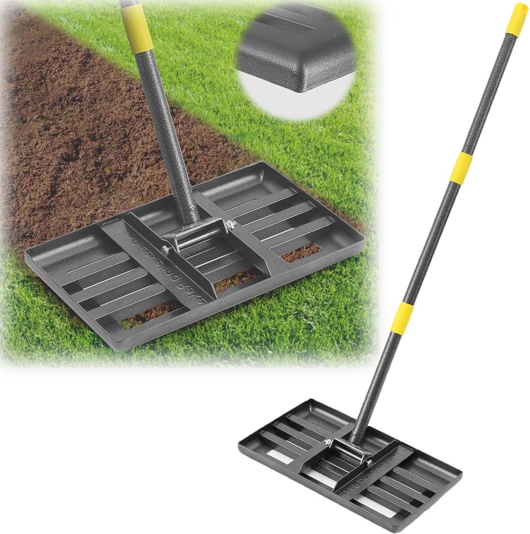 Lawn Leveling Rake, Heavy Duty 17"x10" Curved Ground Plate, 58" Long Handle Lawn Leveler Tool Landscape Rake for Compost Soil Dirt Sand Grass Peat Moss
