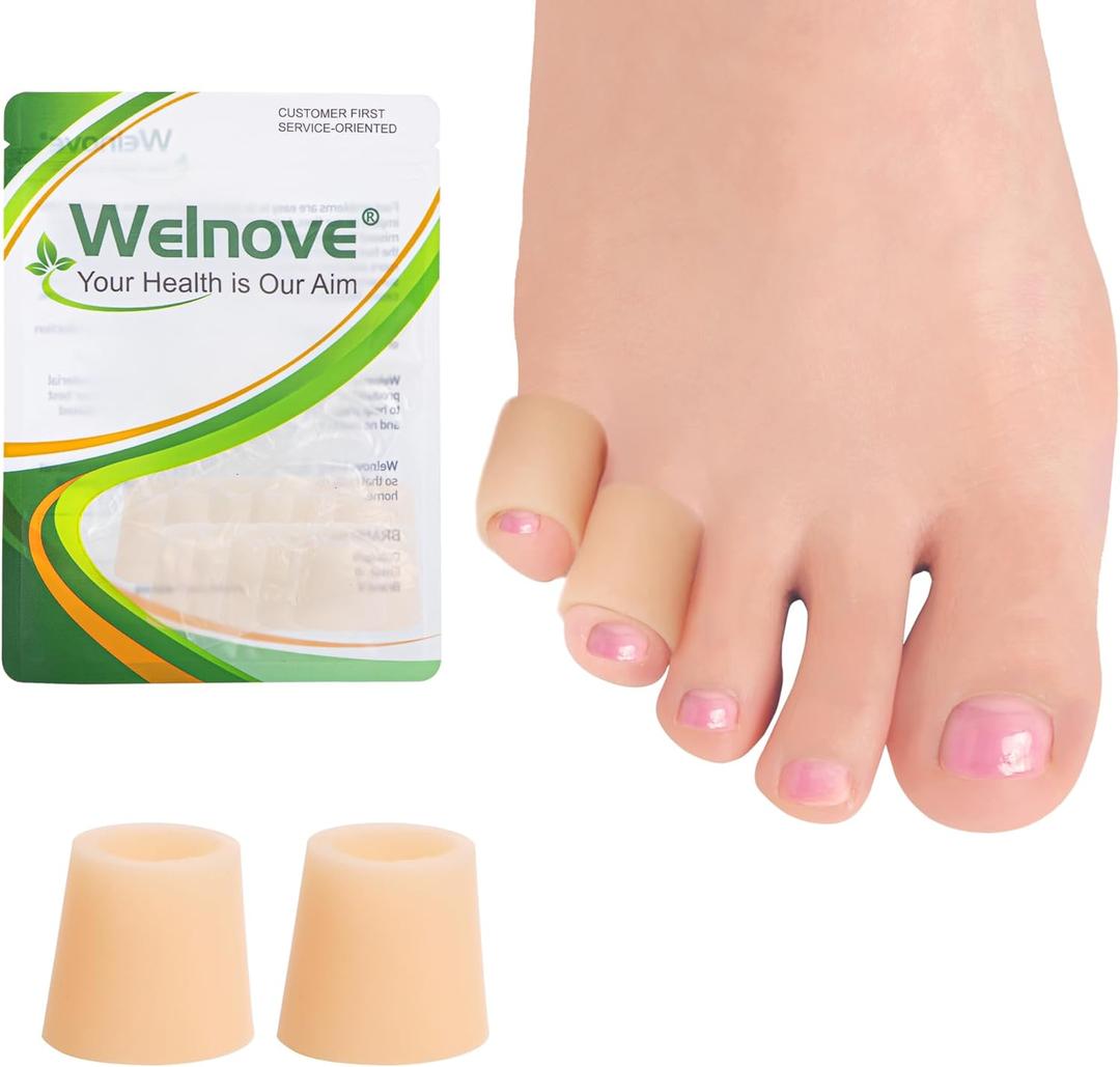 Welnove Toe Protectors 12-Pack Aloe Vera Extract Infused Silicone Toe Sleeve Toe Covers for Hammer Toes, Corns, Calluses, Blisters Soft Gel Toe Cushions for Pain Relief (X-Small, Beige)