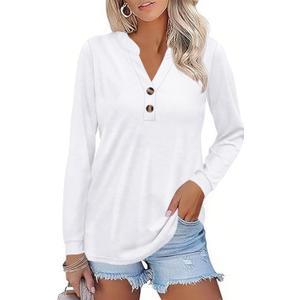 Women Button Down Henley Shirts V Neck Long Sleeve Fashion Dressy Casual Tops Trendy Blouses Loose Fit Tunic (White, XL)