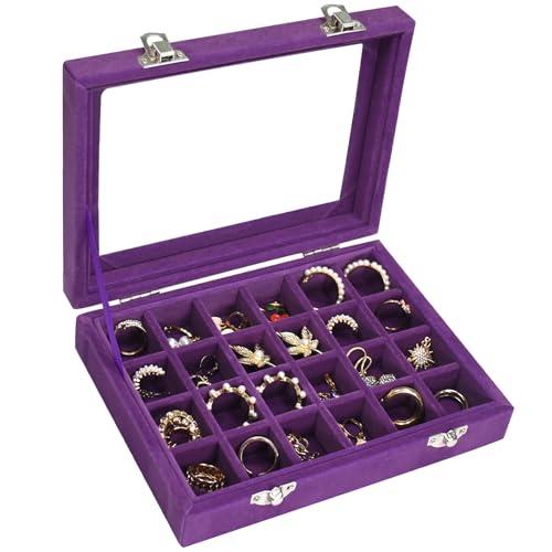 Vicoter Velvet Jewelry Box 24 Grid Jewelry Ring Display Organiser Box Tray Holder Earrings Storage Case for Girls Wife Mom Women (Purple)