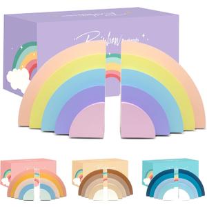 Decorably Pastel Rainbow Bookends for Kids - 1 Set Non-Skid Wooden Rainbow Book Ends for Baby's Nursery, Classroom