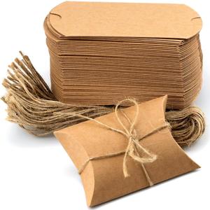 IFAMIO 50 Pcs Kraft Paper Pillow Gift Box with Jute Rope, Small Candy Boxes for Gift Jewelry Soap Packaging, Mini Foldable Gift Box Wedding Birthday Party Favors