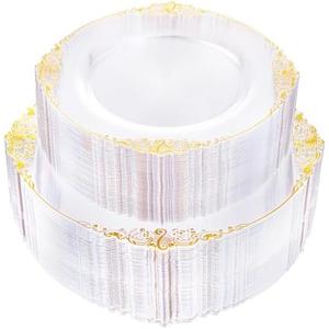 Joyido 100PCS Clear Gold Plastic Plates - Clear Disposable Plates with Gold Rim - Clear Party Plate Include 50PCS Dessert Plates, 51PCS Dinner Plate for Weddings & Thanksgiving Parties