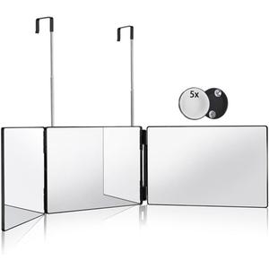 HIEEY 3 Way Mirror for Hair Cutting,360 Trifold Mirror with Height Adjustable Telescoping Hooks,and 5X Magnification,for Makeup, Hair Styling
