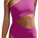 Women's One Piece Ribbed Swimsuit One Shoulder Cutout Swimwear Sexy Bathing Suit, Rose Red, M