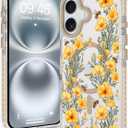 Magnetic for iPhone 16 Case [Compatible with MagSafe] Clear Floral Flower Bee Pattern Design, Slim Shockproof Protective Phone Cover for Women Girls