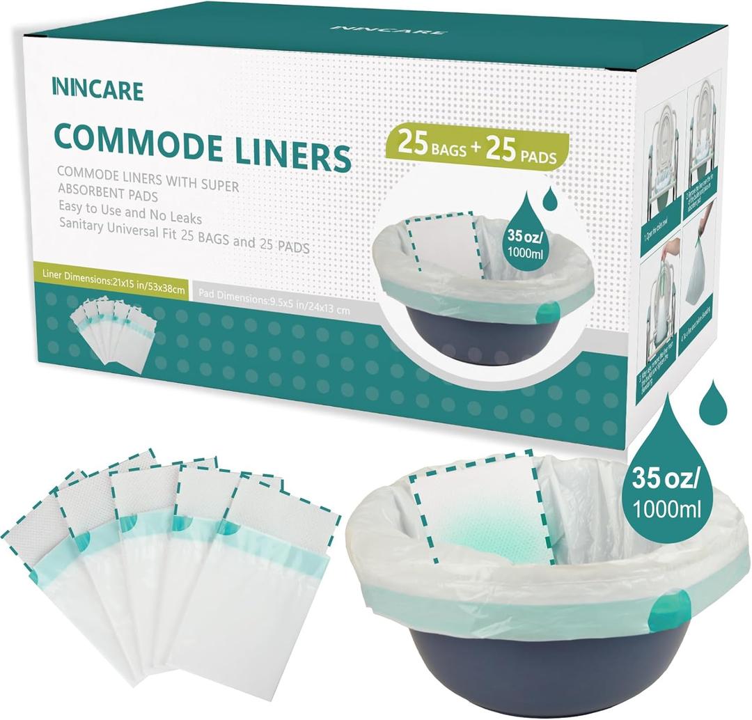 Commode Liners with Absorbent PadsValue Pack 25 Count Universal FitDisposable Bedside Commode Liners and Pads for Adult Portable Toilet(25Bags + 25Pads)