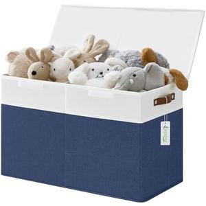 Bagnizer Large Toy Storage Box with Lids, Collapsible Sturdy Baby Storage Organizer Chest Bin Basket for Kids, Boys, Girls, Playroom, Nursery, Bedroom, Closet 25"x13"x16" (Navy Blue and White)