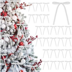 24 Pcs Velvet Christmas Bows 5 x 7 Inch Rustic Velvet Small Ribbon Gift Bow for Xmas Tree Ornaments DIY Craft Wreaths Garlands Indoor Outdoor Home Decorations (White)