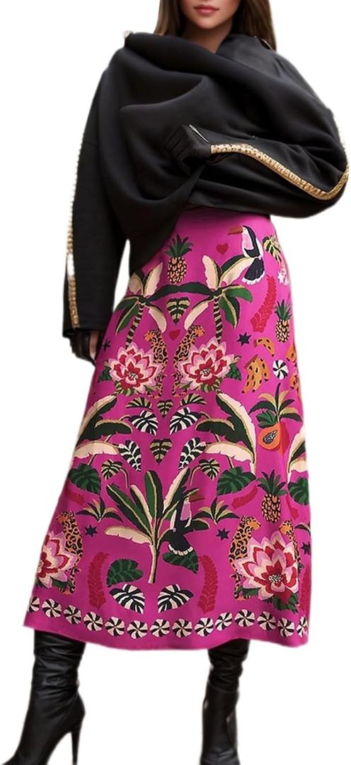 A Line Midi Skirts for Women Floral Satin Boho Wrap Pink High Waist Zipper Spring Summer Skirt (Rose), Size: X-Large