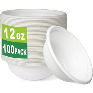 GreenWorks 100 Count 12 OZ Compostable Bowls, Biodegradable Bagasse and Bamboo fiber Paper Bowls