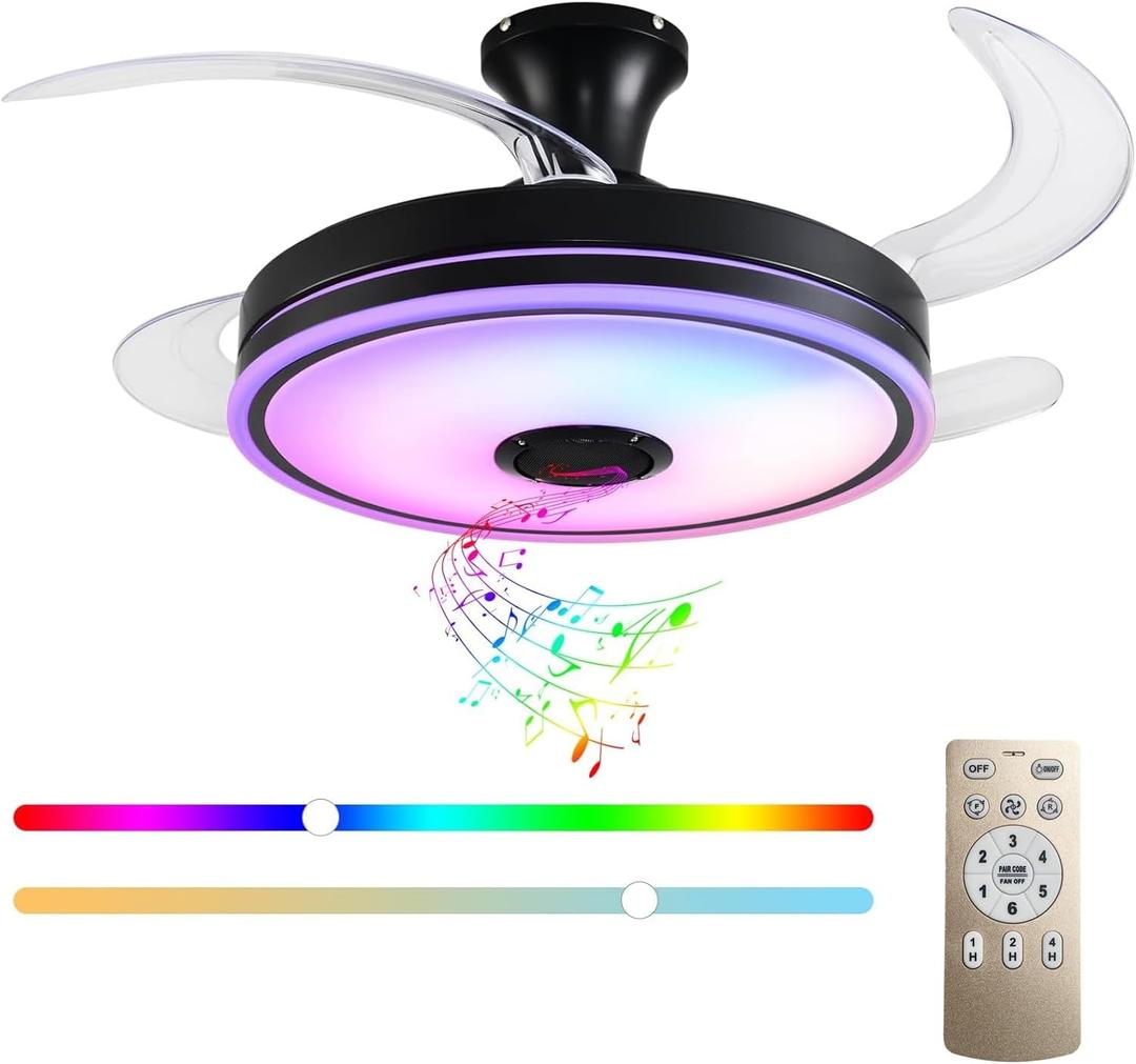 42'' Retractable Ceiling Fan with Lights, Smart Ceiling Fan Light with Bluetooth Speaker, App Control for Dimming & RGB Color Change Reversible Bedroom Living Room