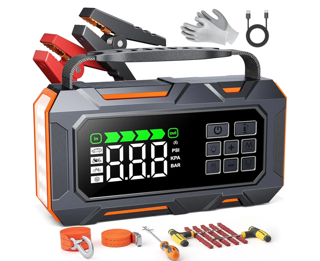 14-in-1 Car Jump Starter, 7000A Jump Starter Jump Box (All Gas 12L Diesel), Jumper Cables Jumper Starter Portable with Air Compressor 160PSI, Car Roadside Emergency Kit, Tow Rope, Gloves, Lights