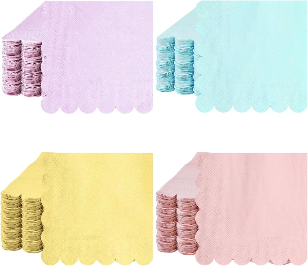 Qilery 100 Pack Pastel Cocktail Napkins Boho Scalloped Edged Paper Rainbow Napkins Disposable Bulk 2 Ply for Wedding Baby Shower Birthday Party Decorations(Macaron Color)