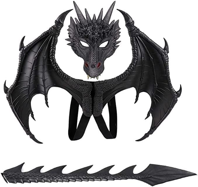 Nirvany Kids Dragon Cosplay Costume - Wing Tail Mask Set for Boys & Girls - Halloween (Black Set)