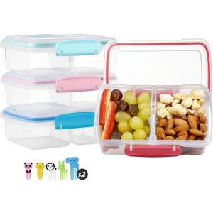 4 Pack Plastic Snack Containers with Lids, 2 Compartment Food Container for Kids Snack Box, Travel Bento Lunch Containers with forks for Fruits/Candies, Divided Food Storage Containers for School (Pink)