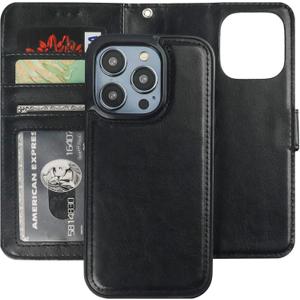 Bocasal Detachable Wallet Case for iPhone 14 Pro RFID Blocking Card Slots Holder Premium PU Leather Magnetic Kickstand Shockproof Wrist Strap Removable Flip Protective Cover 5G 6.1 inch (Black)