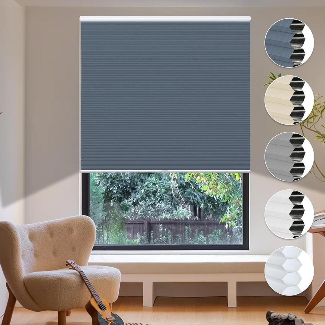 HOMEDEMO Blackout Cellular Shades Cordless, Honeycomb Shade Blinds, Thermal Insulated Noise Reduction for Windows Inside & Outside Mount Blue-Blackout 31" W x 64" H