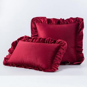 GIGIZAZA Ruby Red Decorative Throw Pillow Covers, 16x16 Velvet Ruffle Cushion Pillow Covers for Sofa Couch Set of 2