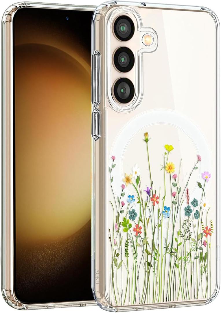 Unov Case Compatible with Galaxy S23 FE Case Magnetic Clear with Design Compatible with MagSafe Slim Protective Soft TPU Bumper with Hard PC Back Embossed Pattern (Flower Bouquet)