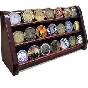 3 Rows Wooden Challenge Coin Wall Display Stand - Military Coin Holder Army Coins Rack, Holds 21-24 Coins, Mahogany