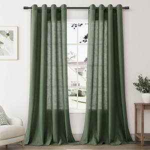 Nanspring Olive Green Living Room Curtains 96 Inches Long 2 Panel Set Linen Grommet Light Filtering Semi Sheer Curtain Drapes Farmhouse Decor for Bedroom 52x96