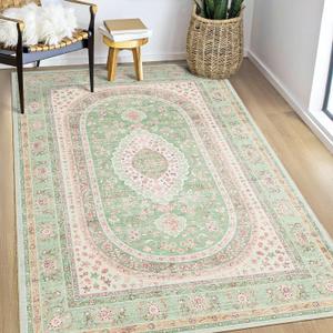 Castage Green Rug 3x5,Washable Area Rugs for Bedroom Living Room Kitchen Entryway,Small Boho Vintage Bohemian Distressed Oriental Non Slip Carpet,Sage Blush Floral