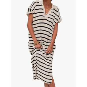 Zesica Womens Striped Summer Dresses Short Sleeve V Neck Knit Collared Sexy Slit Loose Maxi Sweater Dress S
