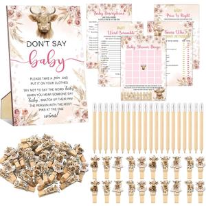 Patelai 321 Pcs Baby Shower Games Supplies, 5 Sets (50 Cards Each) Activities Cards with 20 Pencils 1 Don't Say Baby Sign 50 Clothespin (Highland Cow)
