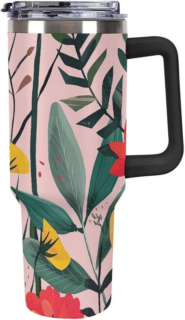 40 Oz Tumbler with Handle And Straw, Peach with Flowers Vacuum Insulated Water Bottle, Cup Holder Compatible for Travel, Reusable Insulated Stainless Steel Cup Gifts for Women & Men