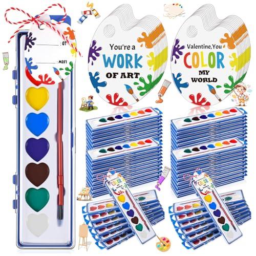 Sabary 50 Pack End of School Year Gift for Student Watercolor Paint Set Bulk with Card and Rope 8 Washable Watercolor Paint with Brush for Last Day of School Classroom Kid Art Party Favor (Heart)