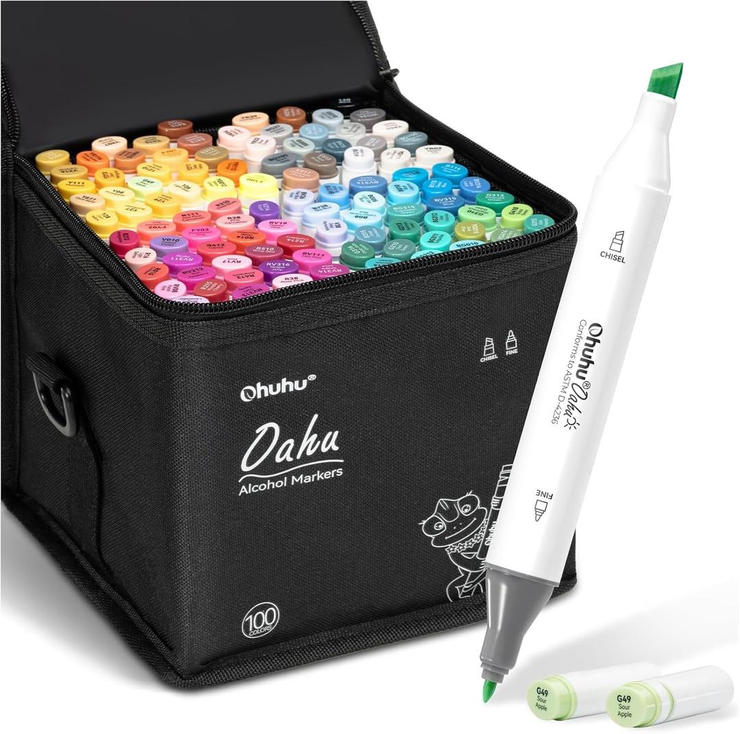 Ohuhu Alcohol Markers Double Tipped Art Marker Set for Artists Adults Coloring Sketch Illustration - Chisel & Fine - 100 Colors - Oahu of Ohuhu Markers - Refillable - AP Certificated