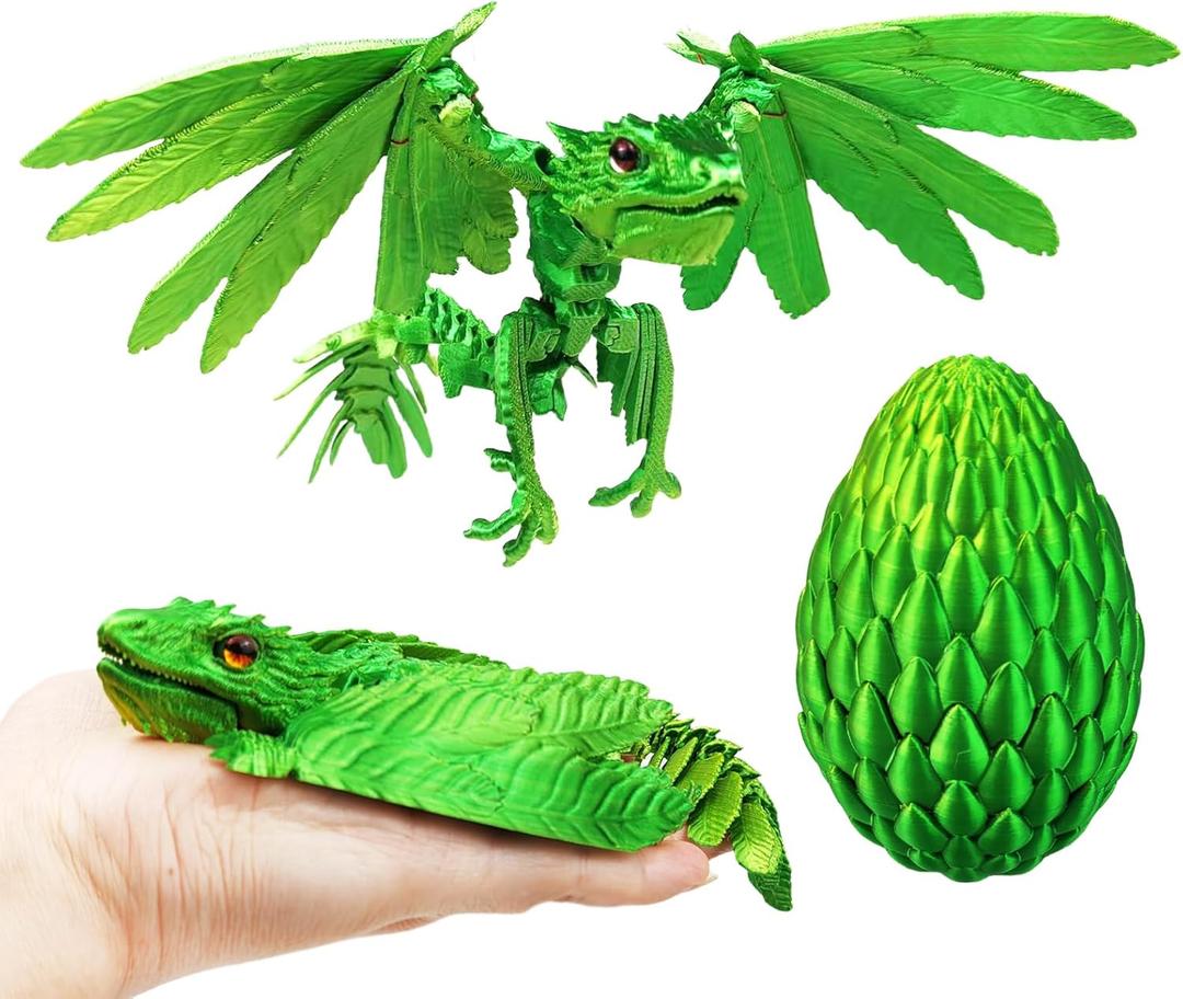 Dynamic 3d Printed Dragon Eggs with Dragon Inside3D Fidget Dragon with Wings Movable, Feathered Wyvern Dragon,Full Articulated Crystal Flying Fidget Dragon , 3D Printed Archaeopteryx Bird Animals Toy (Laser Yellow Green)