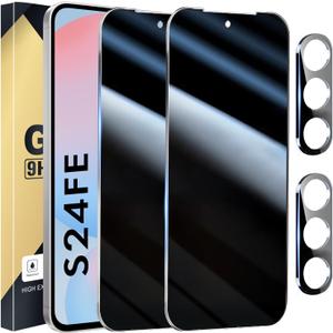 2+2 Pack Privacy Screen Protector Compatible with Galaxy S24 FE 5G - 2 Tempered Film + 2 Camera Lens Glass - High Clarity - Bubble Free - Anti-Spy Protection - Anti-Shatter