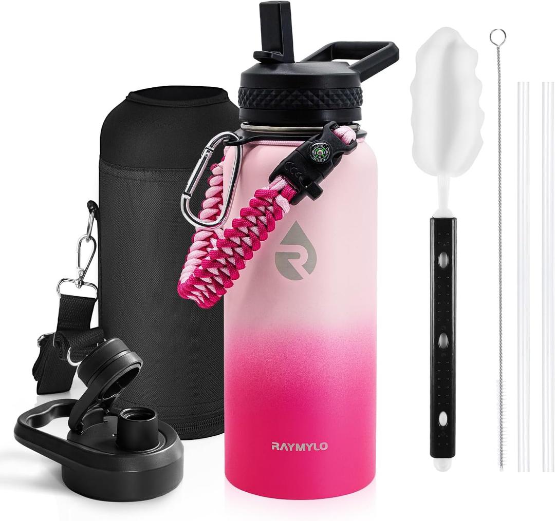 Insulated Water Bottle 32 oz, Triple Wall Vacuum Stainless Steel (Cold for 48 Hrs), Leak Proof & Non-BPA, Modern Water Flask Jug with Paracord Handle & Straw Spout Lids, Ombre Pink