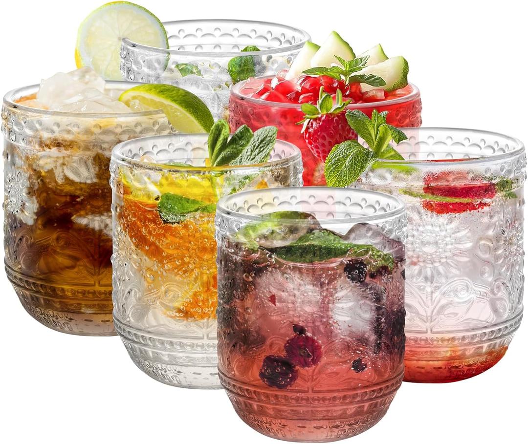 Topsky Clear Vintage Drinking Glass Set of 6, 12 oz Embossed Floral Decorative Glassware Set, Glass Cups Wine Glasses Beverages Tumblers Colored Glassware for Whisky, Beer, Juice, Cocktail, Heavy Duty