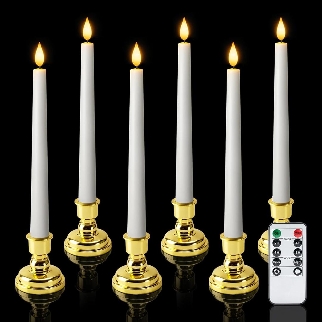 6 Pcs Window Candles with Gold Holders, Flameless Taper Candles with Remote and Timer, White LED Christmas Candle for Home Window Holiday Xmas Decor