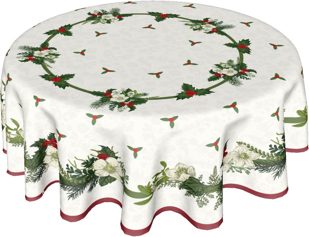 Merry Christmas Green Flower Wreath Tablecloth Round 60 Inch, Winter White Floral Polyester Circle Table Cloth Wrinkle Stain Resistant Washable Table Cover for Kitchen Room Party Picnic