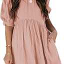 Dokotoo Womens Summer Crewneck Puff Sleeve Babydoll Elegant Empire Waist Mini Swing Skater Dresses with Pockets, 1 Pink, S