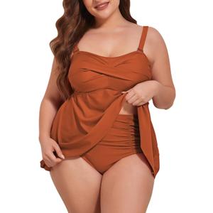 Kisscynest Women Plus Size Tankini Swimsuits Two Piece Flowy Swimdress Tummy Control Bathing Suit XL (Brown)