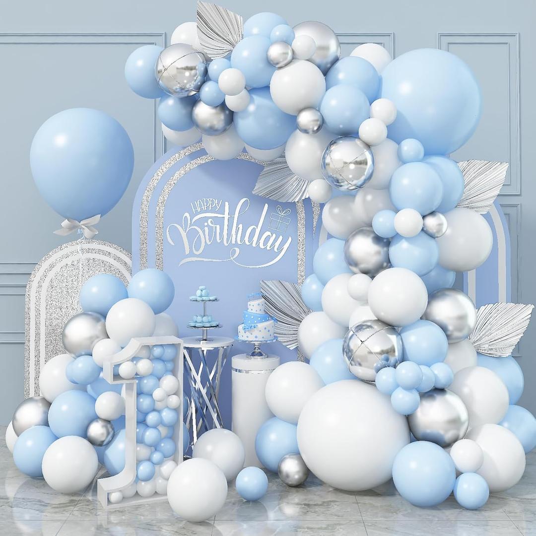 Jobkoo Blue White Balloon Arch Kit Baby Blue White Silver Balloon Garland 4D Silver Foil Balloons Pastel Light Blue Silver Latex Balloons Christening Boy Birthday Baby Shower Party Decorations QQ-113