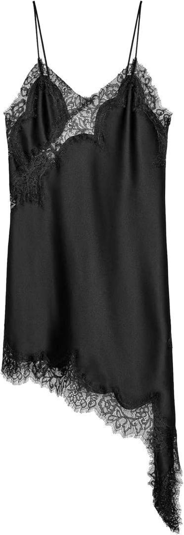 Women's Satin Lace Dress Asymmetric Cocktail Mini Dress Layering Essentials Elegant Dresses Date Night Outfits (Black, S)