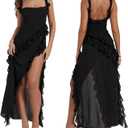 Womens High Slit Bodycon Maxi Dress Ruffle Flowy Sleeve Square Neck Midi Dress Party Dress (Black, L)