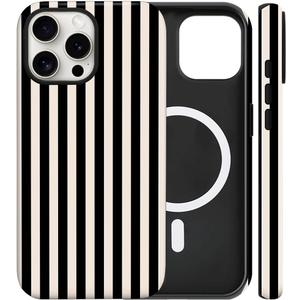Magnetic for iPhone 15 Case Cute Stripes Phone Case, Shockproof Slim TPU and Hard PC Protective Phone Cover Compatible with MagSafe Designed for Women Girls, Black and White