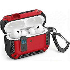 Protective Case for AirPods Pro 3, Secure Lock Cover with Carabiner, Shockproof Full-Body Case Compatible with AirPods Pro 3rd Generation, Black Red