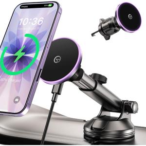 for MagSafe Car Mount Charger Dash Vent Windshield Wireless Car Charger with LED Light, Magnetic Phone Holder for Car for iPhone 17 16 15 14 13 12 Series, Fit MagSafe Accessories (Purple)