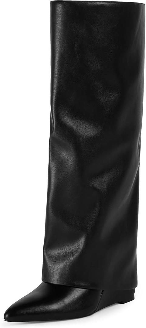 Modatope Knee High Boots Women Fold Over Boots Wedge Heel Slouchy Tall Boots Zipper Pointed Toe Dress Fall Long Boot for Women (10, Black Pu)