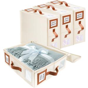 Bed Sheet Organizers and Storage (King & Queen Size) 4 Pack with Window and Label, Foldable Sheet Organizer With Handle, Beige