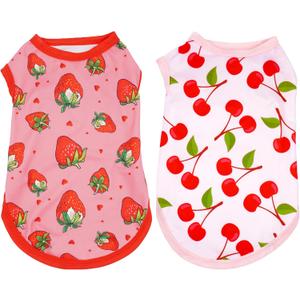 2pcs/Pack Dog Shirts Sleeveless for Small Dog Girl Pink Red Strawberry Cherry Print Puppy Clothes Vest Outfit Light Soft Breathable